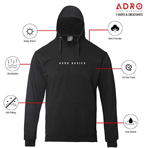 Adro Men's Cotton Neck Hooded Sweatshirt (H22-M-Ar2-Bl_Black_M)
