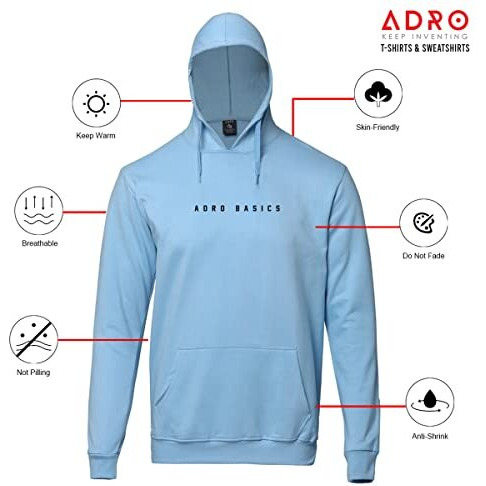 Adro Men's Cotton Neck Hooded Sweatshirt (H22-M-Ar2-Sk_Skyblue_L)