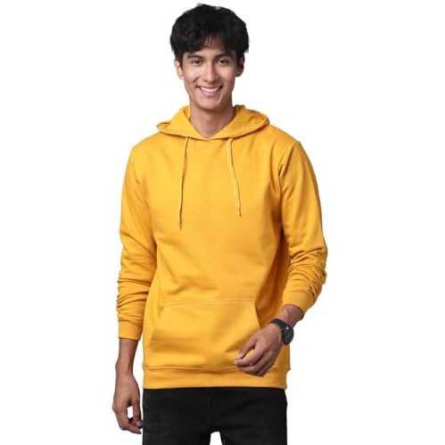 Adro Mens Cotton Solid Hoodie Sweatshirts (H23-Pln-Mu_Mustard_S)