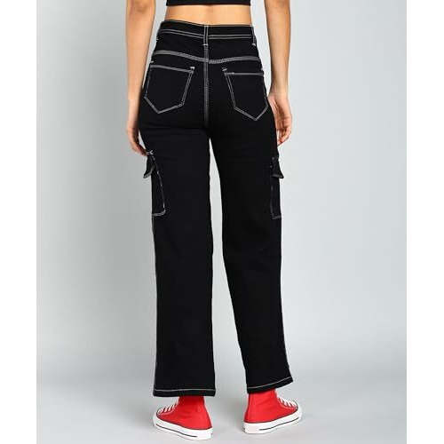 Nifty Women's Cotton Blend Stretchable Black Cargo Jeans (Jean_1453_Blk_30_Black_30)