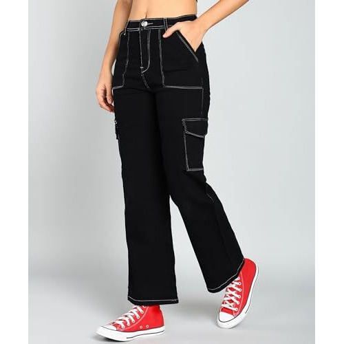 Nifty Women's Cotton Blend Stretchable Black Cargo Jeans (Jean_1453_Blk_30_Black_30)