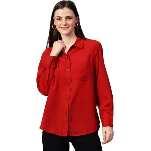 Kotty Women's Oversized Cotton Blend Shirt(Red,S)
