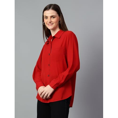 Kotty Women's Oversized Cotton Blend Shirt(Red,S)