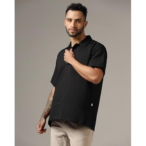 Leriya Fashion Textured Shirts For Men || Casual Shirt For Men || Shirt For Men|| Men Stylish Shirt || Men Fancy Shirt || Men Half Sleeve Shirt || Plain Shirts For Men || Shirts (Medium, Black)