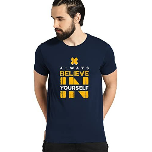 Adro Mens Believe In Your Self Printed T-Shirt (Navy Blue, M)