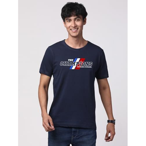 Adro Men's Graphic Printed 100% Cotton T-Shirt - Regular Fit, Printed T-Shirts For Men (Rn24-Cmp-Nb_Navy_M)