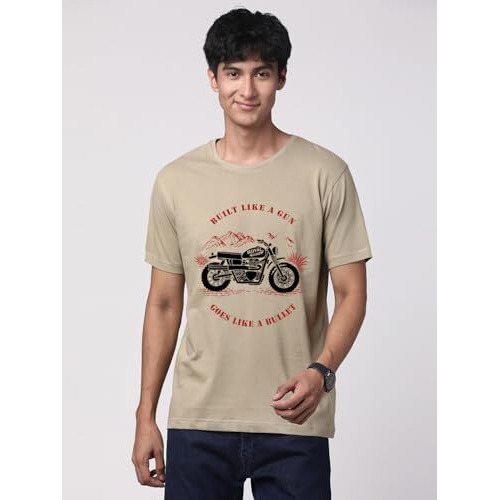 Adro Men's Royal Bike Design Printed 100% Cotton T-Shirt - Regular Fit, Printed T-Shirts For Men (Rn24-Ryl-Be_Beige_L)