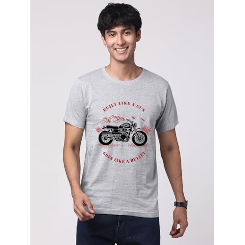 Adro Men's Royal Bike Design Printed 100% Cotton T-Shirt - Regular Fit, Printed T-Shirts For Men (Rn24-Ryl-Gr_Grey_L)