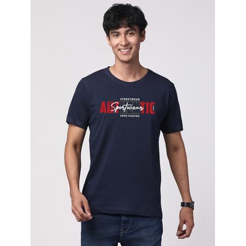 Adro Men's Graphic Printed 100% Cotton T-Shirt - Regular Fit, Printed T-Shirts For Men (Rn24-Spt-Nb_Navy_S)