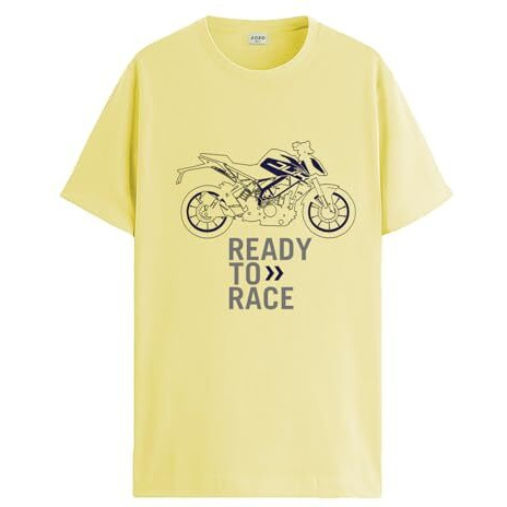 Adro Men's Biker Design Printed 100% Cotton T-Shirt - Regular Fit, Printed T-Shirts For Men (Rn24-Ktm-Ly_Light Yellow_S)