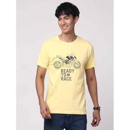 Adro Men's Biker Design Printed 100% Cotton T-Shirt - Regular Fit, Printed T-Shirts For Men (Rn24-Ktm-Ly_Light Yellow_S)