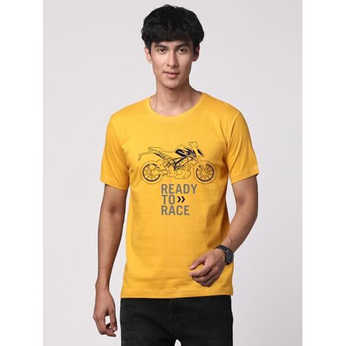 Adro Men's Biker Design Printed 100% Cotton T-Shirt - Regular Fit, Printed T-Shirts For Men (Rn24-Ktm-Mu_Mustard_L)