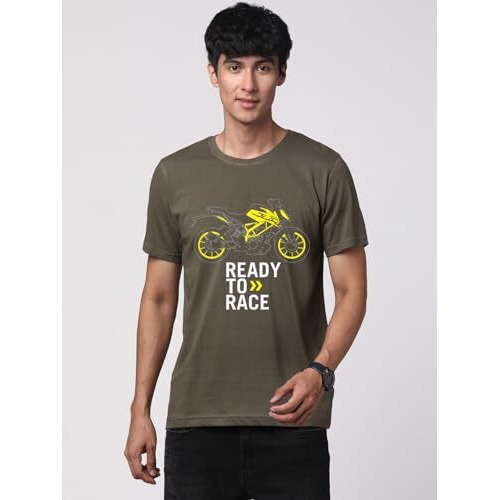 Adro Men's Biker Design Printed 100% Cotton T-Shirt - Regular Fit, Printed T-Shirts For Men (Rn24-Ktm-Ol_Olive_S)