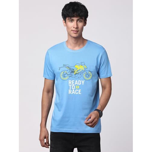 Adro Men's Biker Design Printed 100% Cotton T-Shirt - Regular Fit, Printed T-Shirts For Men (Rn24-Ktm-Sk_Sky Blue_L)