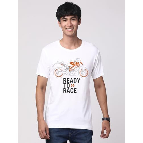 Adro Men's Biker Design Printed 100% Cotton T-Shirt - Regular Fit, Printed T-Shirts For Men (Rn24-Ktm-Wh_White_2Xl)