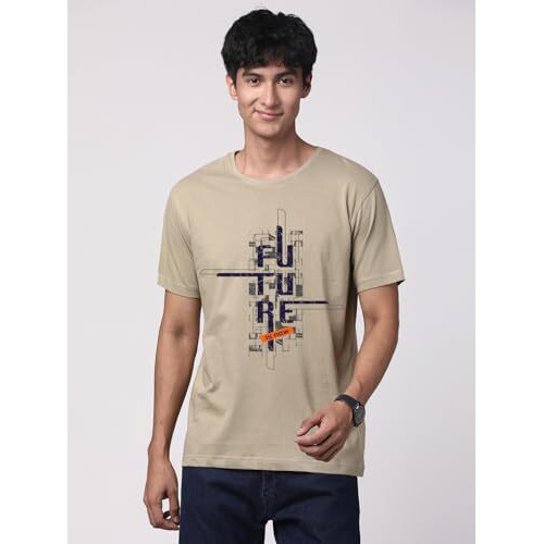Adro Men's Graphic Printed 100% Cotton T-Shirt - Regular Fit, Printed T-Shirts For Men (Rn24-Ftr-Be_Beige_M)