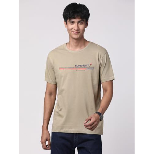 Adro Men's Graphic Printed 100% Cotton T-Shirt - Regular Fit, Printed T-Shirts For Men (Rn24-Rac-Be_Beige_L)