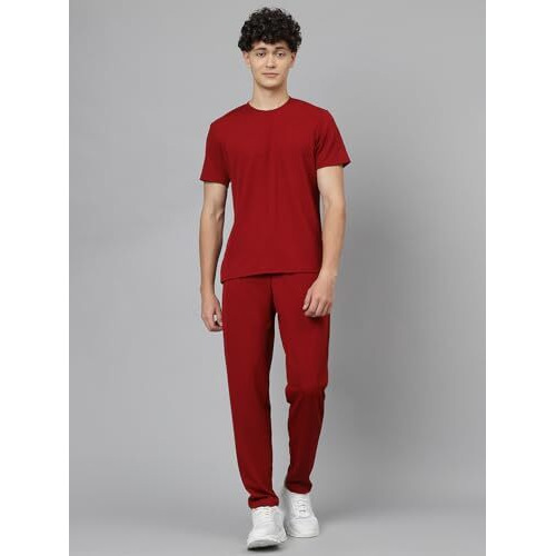Lookmark Men's Crepe Blend Solid Pattern Pajama & T-Shirt Set, Short Sleeve, Round Neck, Drawstring, Pocketed Elegance (Az-Lm-P1-Nw25 Maroon-M)