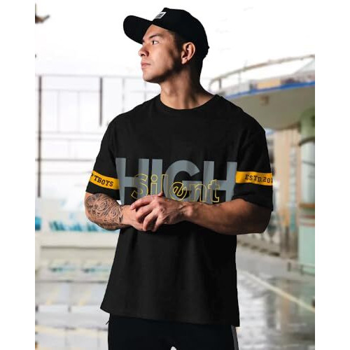 Eyebogler Men Round Neck Graphic Printed Elbow Sleeve Oversized T-Shirt