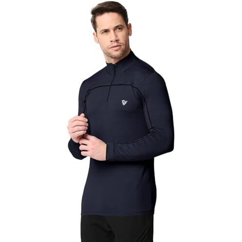 Eyebogler Men High Neck Solid Full Sleeve Regular Fit T-Shirt Navy Blue