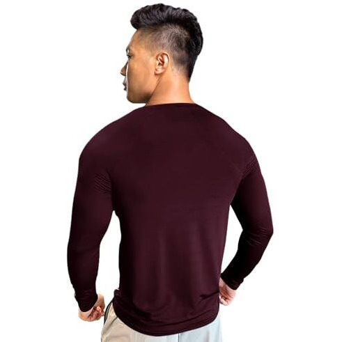 Eyebogler Men Round Neck Solid Full Sleeve Regualr Fit T-Shirt Wine Melange