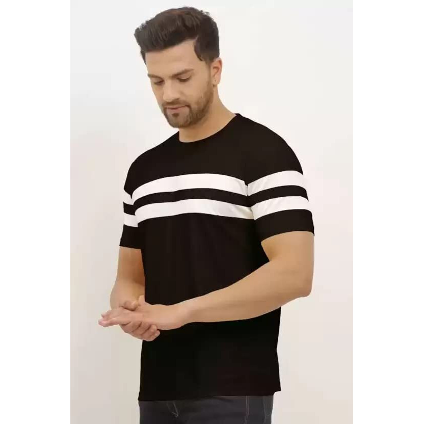 Lookmark Men's Stylish Lycra Blend Printed Striped Polo Tshirt (New-Mt10-S) Black