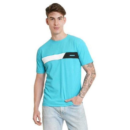 Lookmark Men's Stylish Cotton Blend Printed Striped Polo Tshirt (Mt01-L) Sky Blue