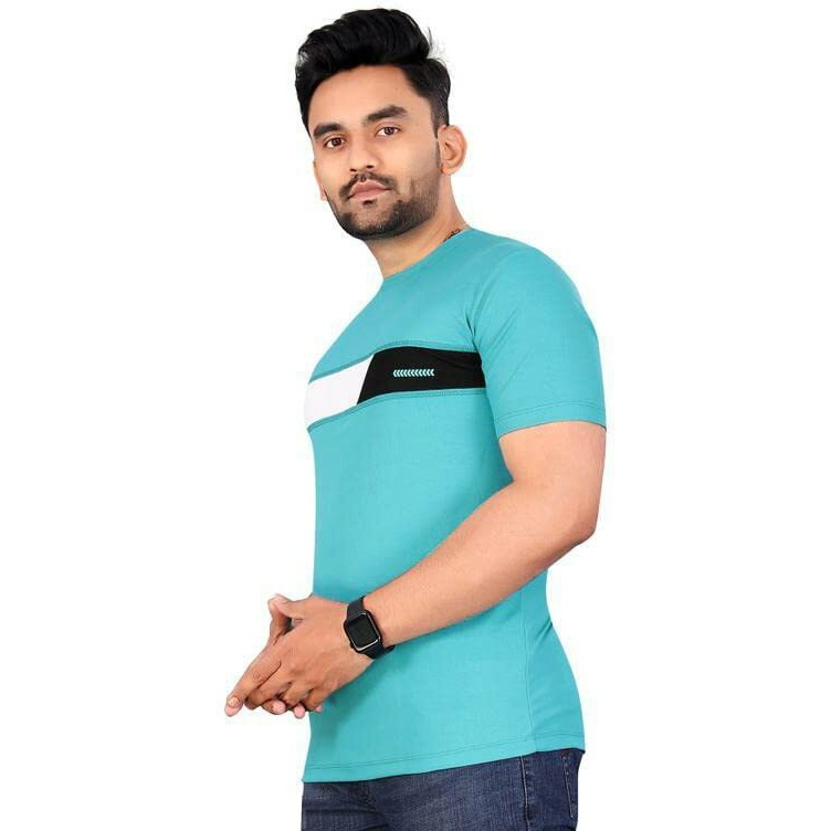 Lookmark Men's Stylish Cotton Blend Printed Striped Polo Tshirt (Mt01-L) Sky Blue