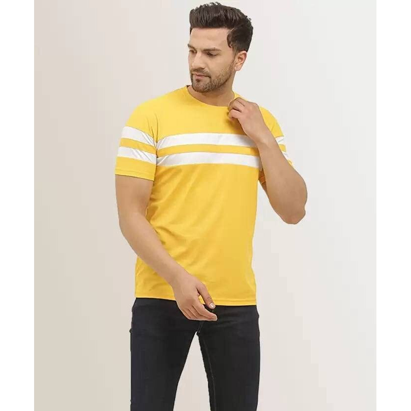 Lookmark Men's Stylish Lycra Blend Printed Striped Polo Tshirt (New-Mt07-M) Yellow