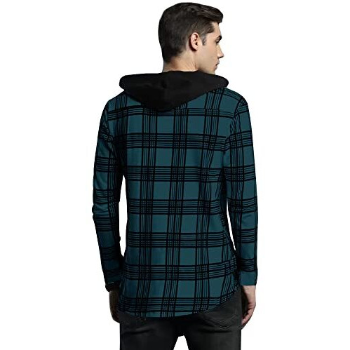 Eyebogler Men Checkered Hooded Neck Blue T-Shirt