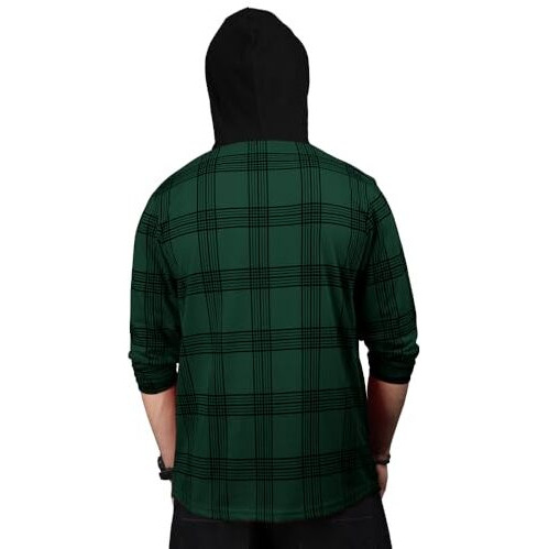 Eyebolger Mens Checkered Hooded Neck Full Sleeve T-Shirt