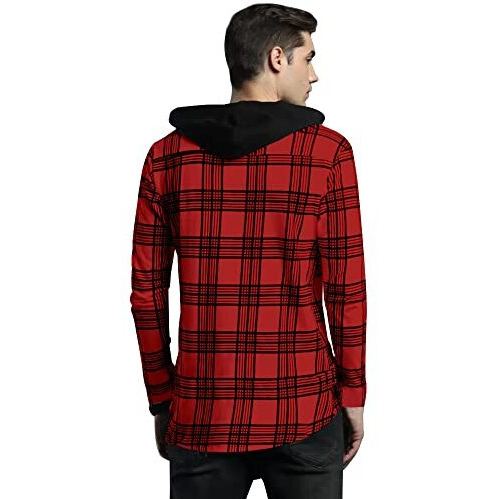 Eyebogler Men Checkered Hooded Neck Red T-Shirt
