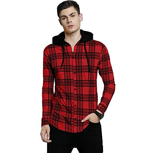 Eyebogler Men Checkered Hooded Neck Red T-Shirt