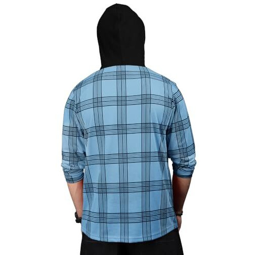 Eyebolger Mens Checkered Hooded Neck Full Sleeve T-Shirt
