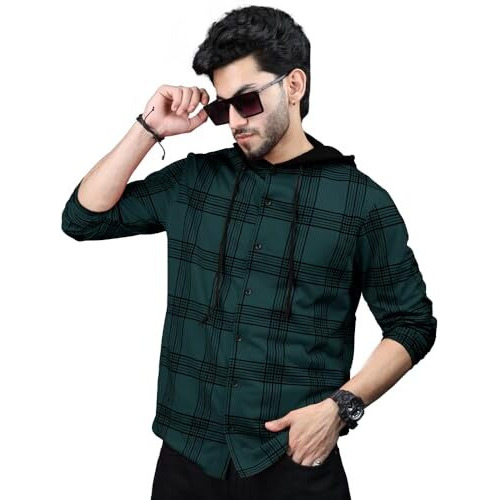 Eyebolger Mens Checkered Hooded Neck Full Sleeve T-Shirt Teal Blue Black