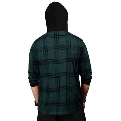 Eyebolger Mens Checkered Hooded Neck Full Sleeve T-Shirt Teal Blue Black