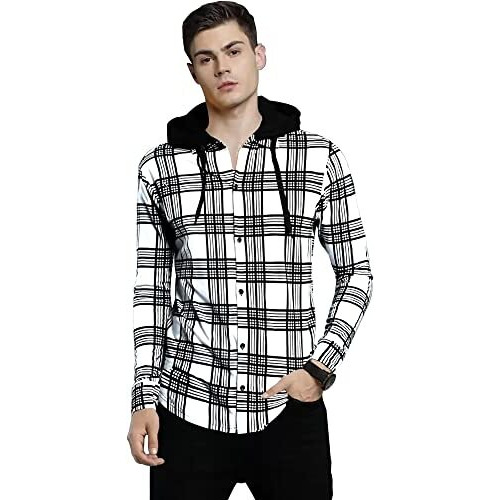 Eyebogler Men Checkered Hooded Neck White T-Shirt