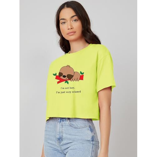 Kotty Women's Printed Cotton Blend Oversized Crop T-Shirts