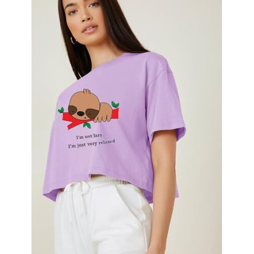 Kotty Women's Printed Cotton Blend Oversized Crop T-Shirts