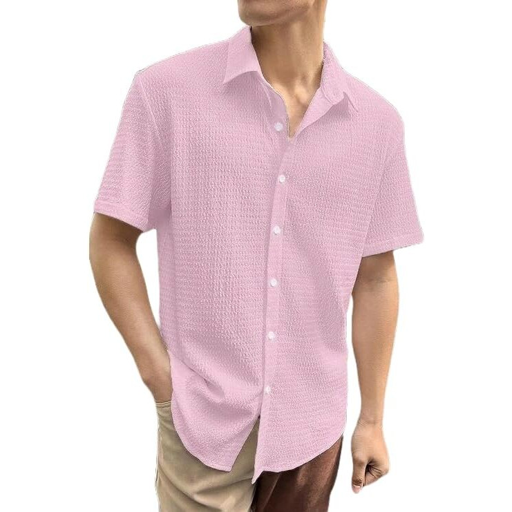 Lookmark Men's Cotton Blend Popcorn Fabric Spread Collar Half Sleeve Shirt - Casual Solid Color Style For Effortless Charm And Comfort (Az-Lm-Og-Shirt 77-Pink-S)