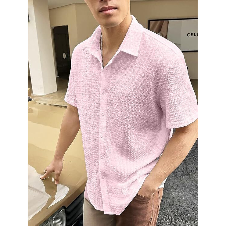Lookmark Men's Cotton Blend Popcorn Fabric Spread Collar Half Sleeve Shirt - Casual Solid Color Style For Effortless Charm And Comfort (Az-Lm-Og-Shirt 77-Pink-S)