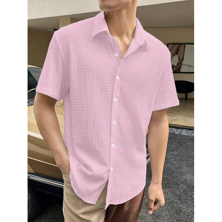 Lookmark Men's Cotton Blend Popcorn Fabric Spread Collar Half Sleeve Shirt - Casual Solid Color Style For Effortless Charm And Comfort (Az-Lm-Og-Shirt 77-Pink-S)