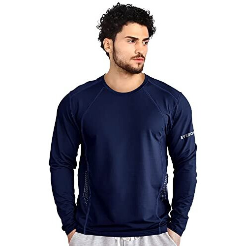 Eyebogler Mens Dry Fit Round Neck Full Sleeve Casual Tshirt Navy Blue