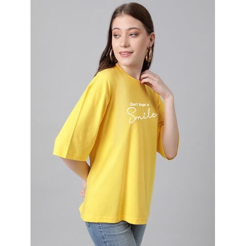 Kotty Women's Printed, Typography Round Neck Cotton Blend 3/4 Sleeve T-Shirt(Yellow,S)