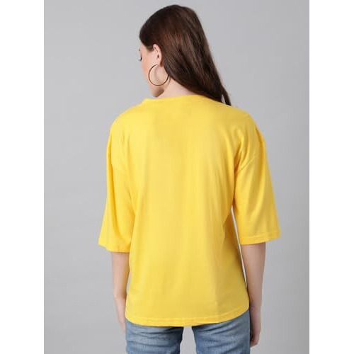 Kotty Women's Printed, Typography Round Neck Cotton Blend 3/4 Sleeve T-Shirt(Yellow,S)