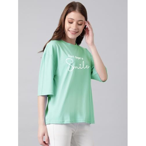 Kotty Women's Printed, Typography Round Neck Cotton Blend 3/4 Sleeve T-Shirt(Blue,Xl)