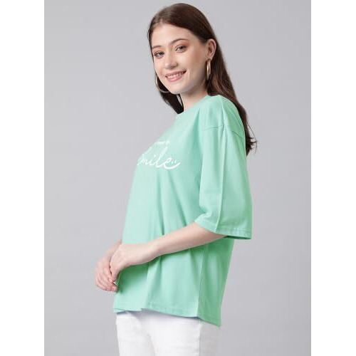 Kotty Women's Printed, Typography Round Neck Cotton Blend 3/4 Sleeve T-Shirt(Blue,Xl)