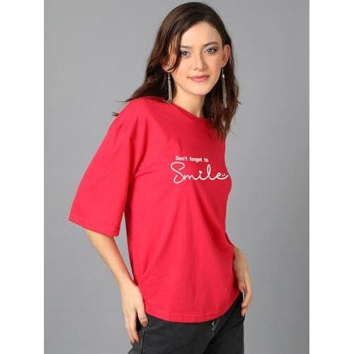 Kotty Women's Printed, Typography Round Neck Cotton Blend 3/4 Sleeve T-Shirt(Red,L)