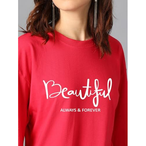 Kotty Women's Printed, Typography Round Neck Cotton Blend 3/4 Sleeve T-Shirt(Red,L)