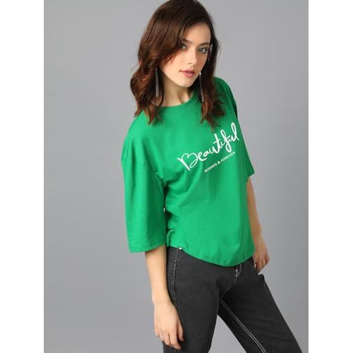 Kotty Women's Printed, Typography Round Neck Cotton Blend 3/4 Sleeve T-Shirt(Green,L)
